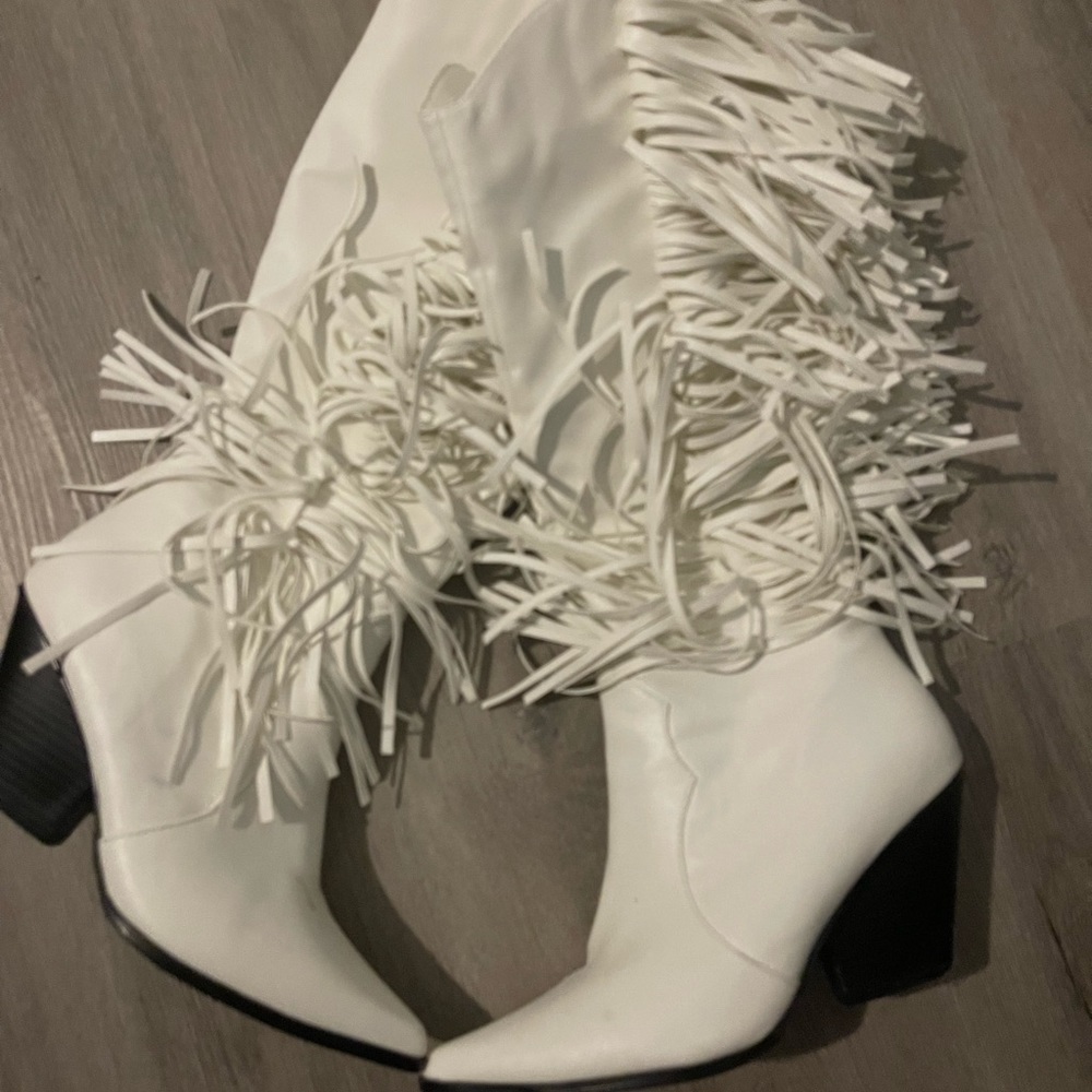 White Fringe Knee Boots